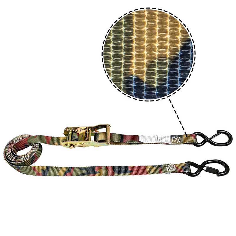 1'' X 8' Camouflage Iron Handle Ratchet Strap with Vinyl-Coated S-Hook and Keeper