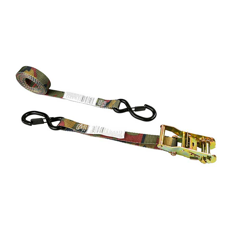 1'' X 8' Camouflage Iron Handle Ratchet Strap with Vinyl-Coated S-Hook and Keeper